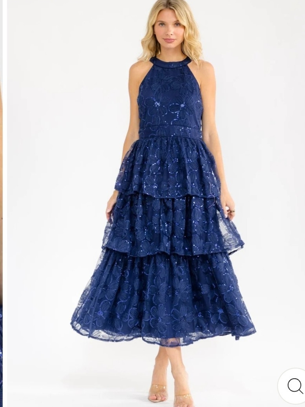 Navy Floral Tiered Lace Halter Midi Dress